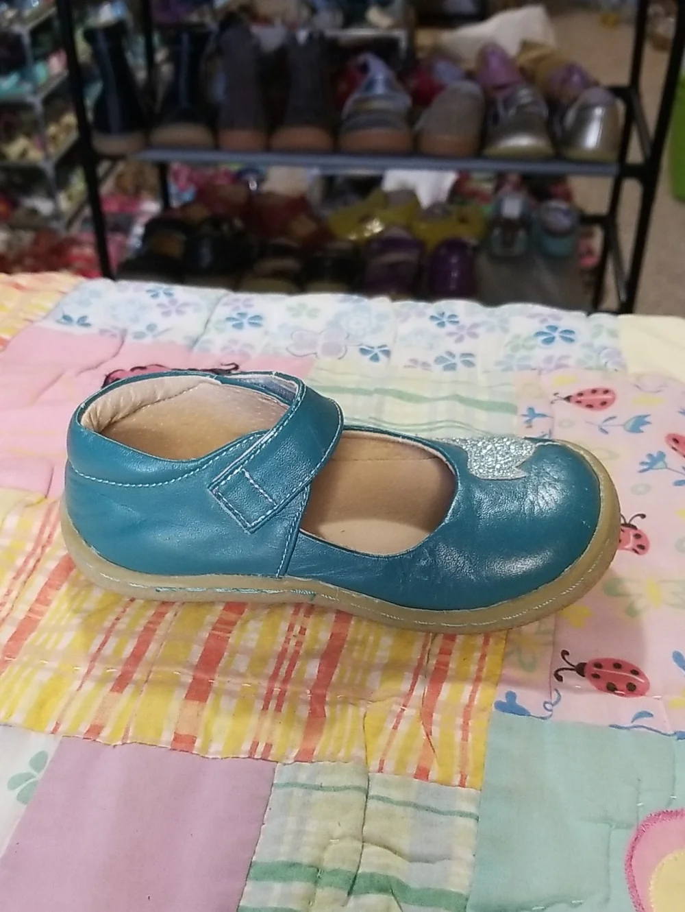 Livie & Luca Teal Soft  Leather Mary Jane Shoes with Glitter Bird Size 8 Pio Pio